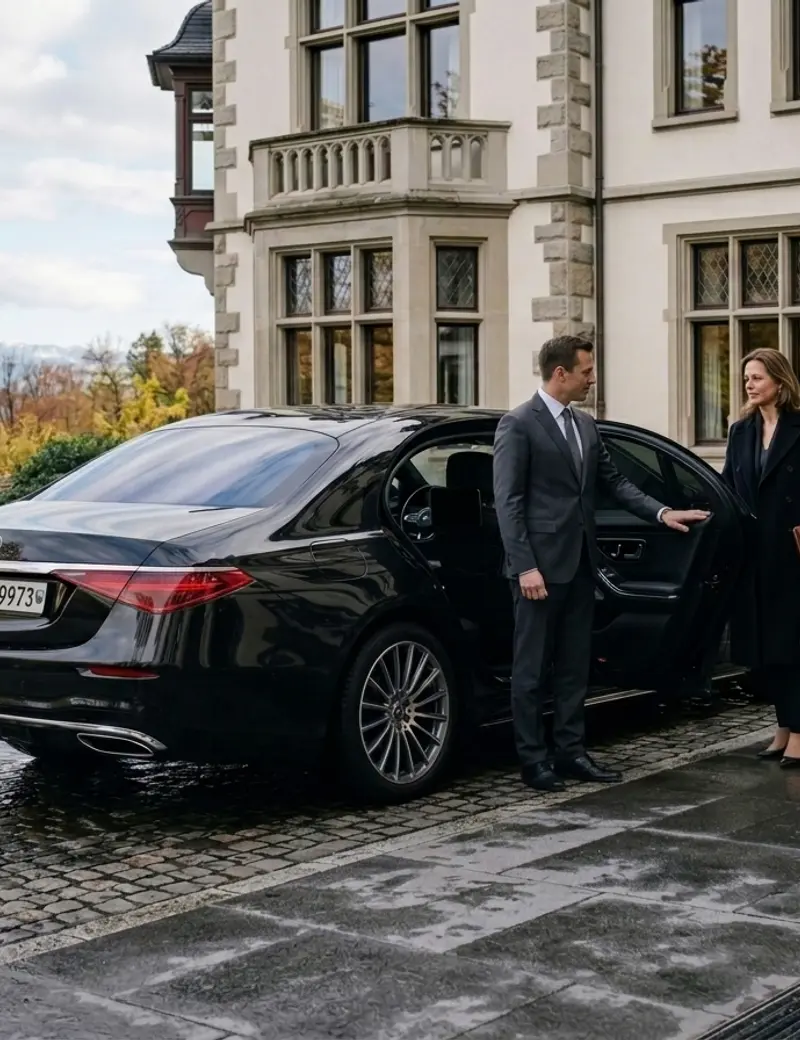 Chauffeur öffnet die Tür vor einem Schlosshotel mit Alpenpanorama — Tagesausflug ab Zürich